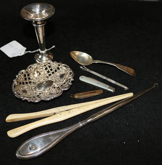 Silver specimen vase, teaspoon, buttonhook, fruit knife, pair ivory glove stretchers, small group of silver & ivory & a swizzle stick